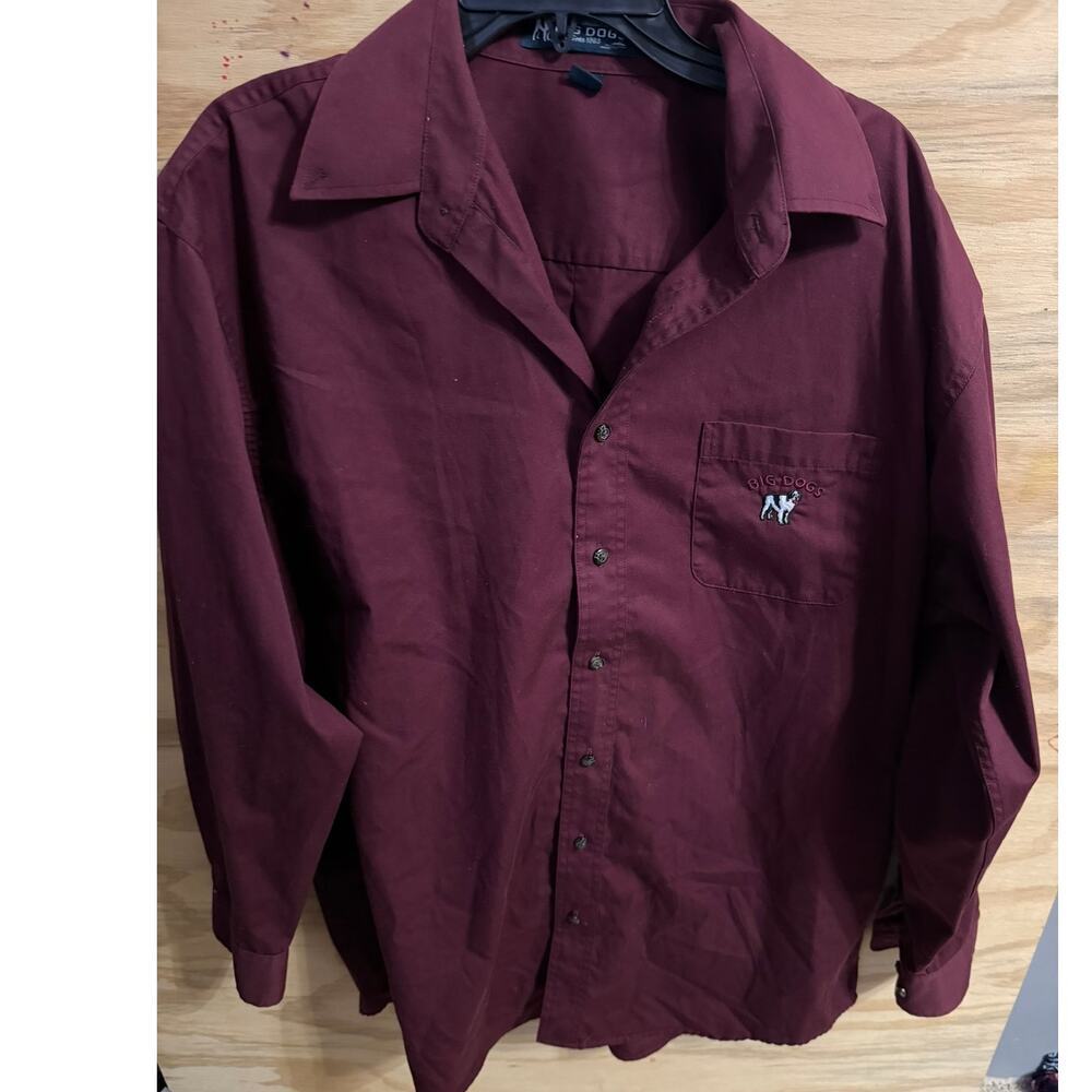 Men's Big Dogs Dress‎ Shirt Burgundy Large Button Up Logo